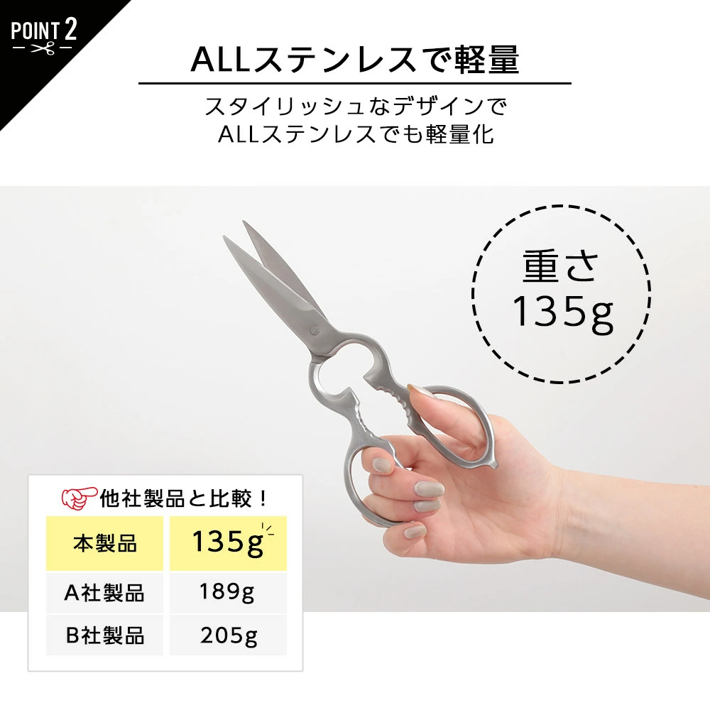 【クーポンで1,480円】キッチンはさみ キッチンバサミ ハサミ オールステンレス 化粧箱付き 軽量 食洗器対応 料理 アウトドア キャンプ ギフト 便利 キッチングッズ 台所【予約販売】